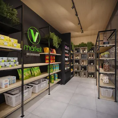 Um supermercado ou outras lojas no apartamento ou nas proximidades