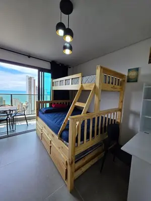 Uma cama ou camas num quarto em Studio no 27º andar recém inaugurado no Beach Class Meireles!!!