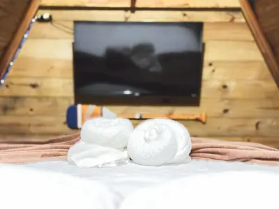 Uma televisão e/ou sistema de entretenimento em cabana suiça