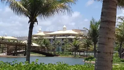 Um jardim no exterior de apartamento vista mar