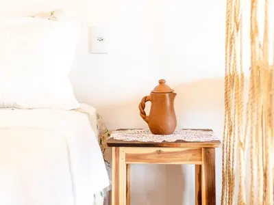 Uma cama ou camas num quarto em Chalés Caminho dos Ventos em Barrinha de Baixo, CE, 9km do Preá